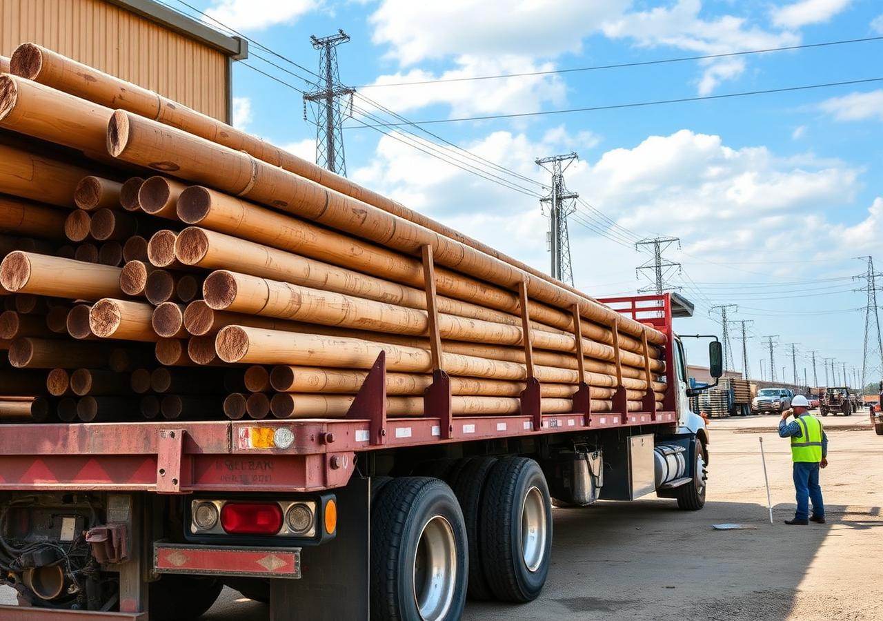 Truck loaded with treated electricity poles